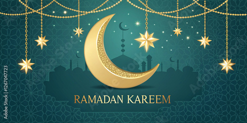  Islamic-themed Ramadan Kareem greeting card with a hanging crescent, golden stars, and a peaceful night sky background