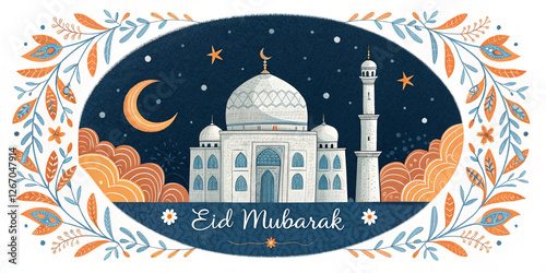 Islamic-themed Eid Mubarak greeting card featuring a beautifully designed mosque, crescent moon, and decorative floral elements