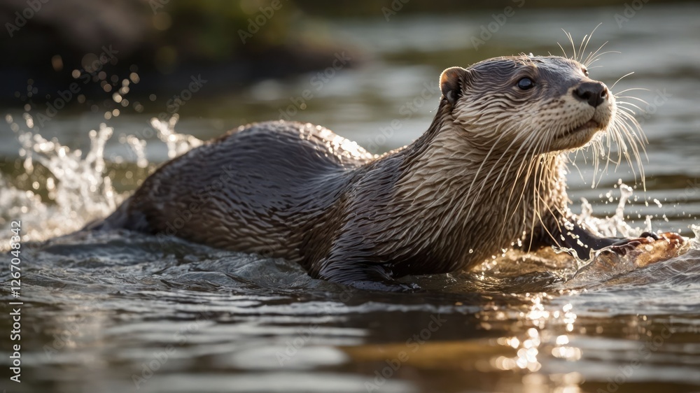 An otter splashes through water, showcasing its playful nature in a natural habitat. An otter splashes through water, showcasing its playful nature in a natural habitat.