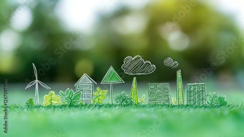Climate Change and global warming and Conservation. Eco-friendly cityscape illustration with greenery and renewable energy symbols.