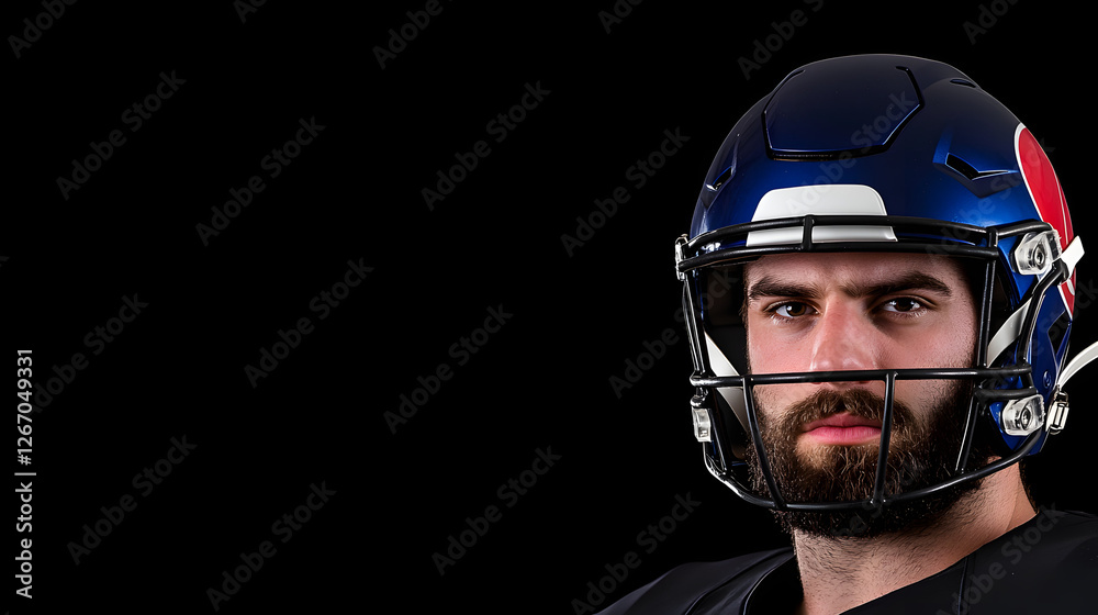 American Football Player in Helmet, Head and Shoulders Shot
American Football Player in Helmet, Head and Shoulders Shot