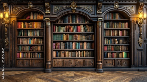 Elegant wooden library interior showcasing ornate bookshelves filled with colorful books, warm lighting