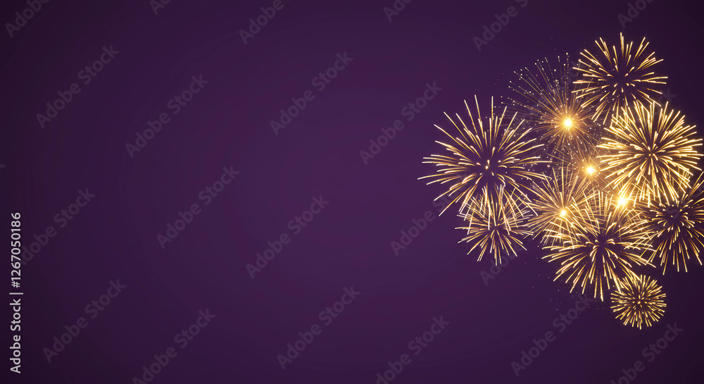 Fototapeta premium Golden fireworks on a dark purple background, with copy space, generative ai