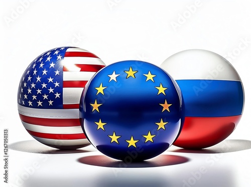 ball of the flags of the USA, Russia and the EU on a white background