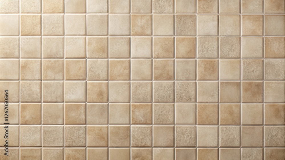 Close-up view of a wall tiled with square, light brown ceramic tiles featuring subtle texture variations. Close-up view of a wall tiled with square, light brown ceramic tiles featuring subtle texture variations.