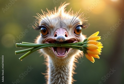 Ostrich with a joyful expression holding flowers in its beak against a soft sunset background
