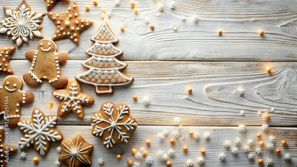A Festive Arrangement of Homemade Gingerbread Cookies and Sparkling Decorations on a Rustic Wooden Surface