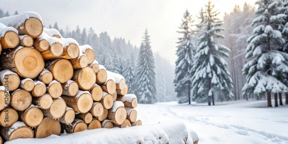 Winter Wonderland Lumber Stack Snow-Covered Logs Resting Against a Background of Pristine Snowy Evergreens Winter Wonderland Lumber Stack Snow-Covered Logs Resting Against a Background of Pristine Snowy Evergreens