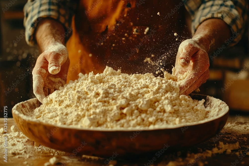 Fototapeta premium Baker works dough in bowl, flour flies in kitchen, making bread