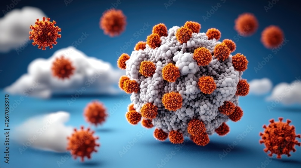 Blue background with coronavirus and covid-19 virus molecules in a high fidelity scientific illustration Blue background with coronavirus and covid-19 virus molecules in a high fidelity scientific illustration