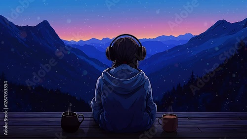 Girl Watching Mountain Sunset with Tea. Seamless looping time lapse animation video background  
