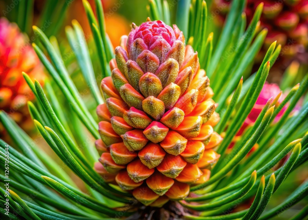Macro photography unveils the delicate spring blossoms of a Scots pine cone (Pinus sylvestris). Macro photography unveils the delicate spring blossoms of a Scots pine cone (Pinus sylvestris).