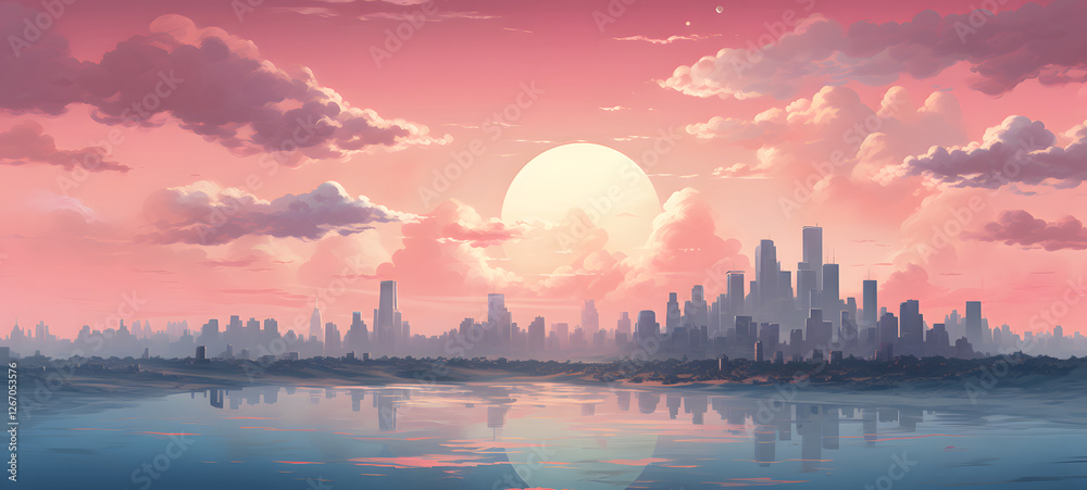 Fototapeta premium Minimalist digital artwork of a cityscape at sunrise, ai generative