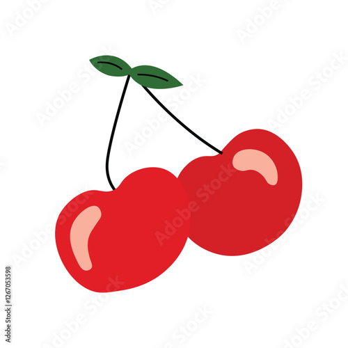 Red cherries isolated flat illustration simple style. Fruit fresh juicy concept.