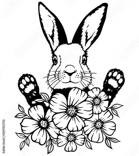 Black and white rabbit silhouette with detailed floral elements. Adorable bunny peeking from behind beautiful flowers. Perfect for tattoo designs, prints, coloring pages, and decorative art.