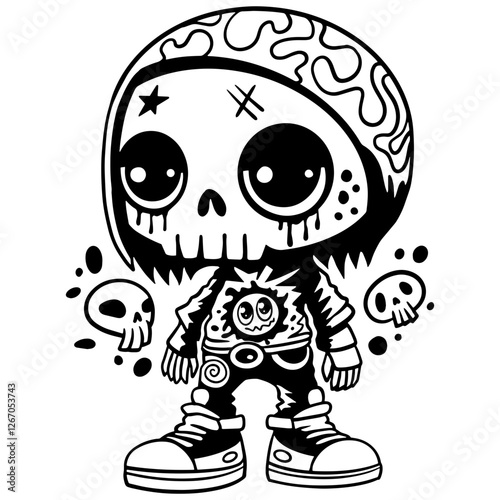Black and white vector illustration of a cool skeleton wearing a hoodie and sneakers, radiating electric energy. Perfect for tattoos, apparel prints, stickers, posters, and urban-themed artwork.