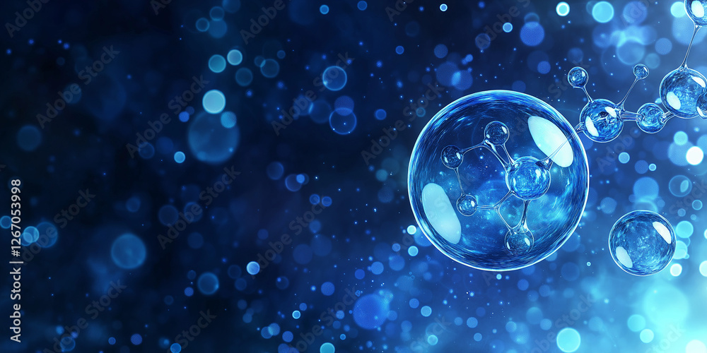 Blue bubble and molecule structure background. Abstract blue background with bubbles and molecules, representing the concept of biotechnology or medicine