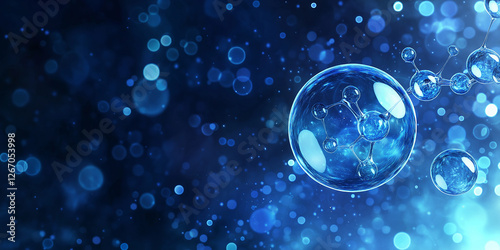Obraz na płótnie Blue bubble and molecule structure background. Abstract blue background with bubbles and molecules, representing the concept of biotechnology or medicine w salonie