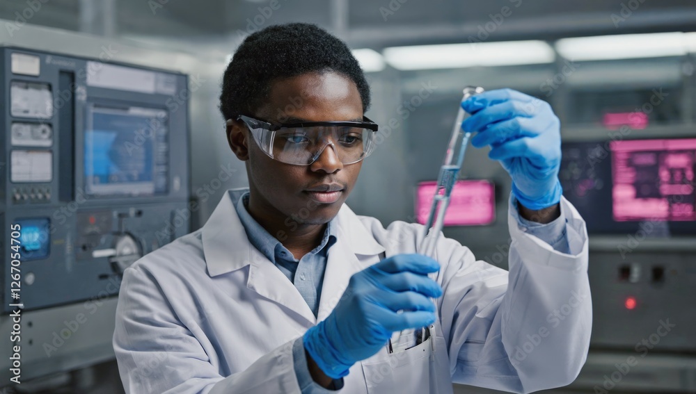 Scientist in lab coat examining a test tube Scientist in lab coat examining a test tube
