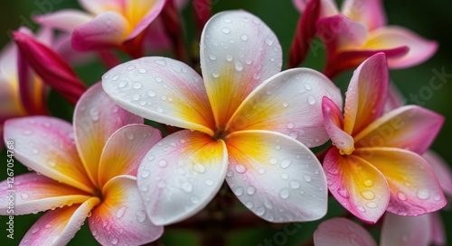Close-up of Plumeria Flowers with Water Droplets, Pink and Yellow Hues