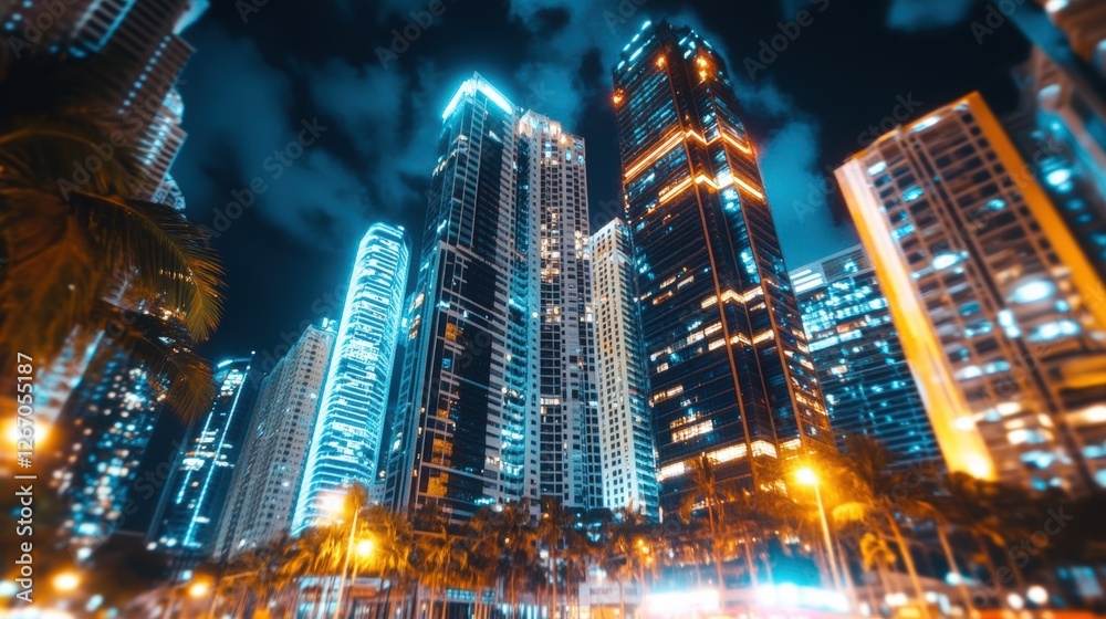 Obraz premium City skyline at night with blurred traffic lights creating a dynamic urban atmosphere and motion effect