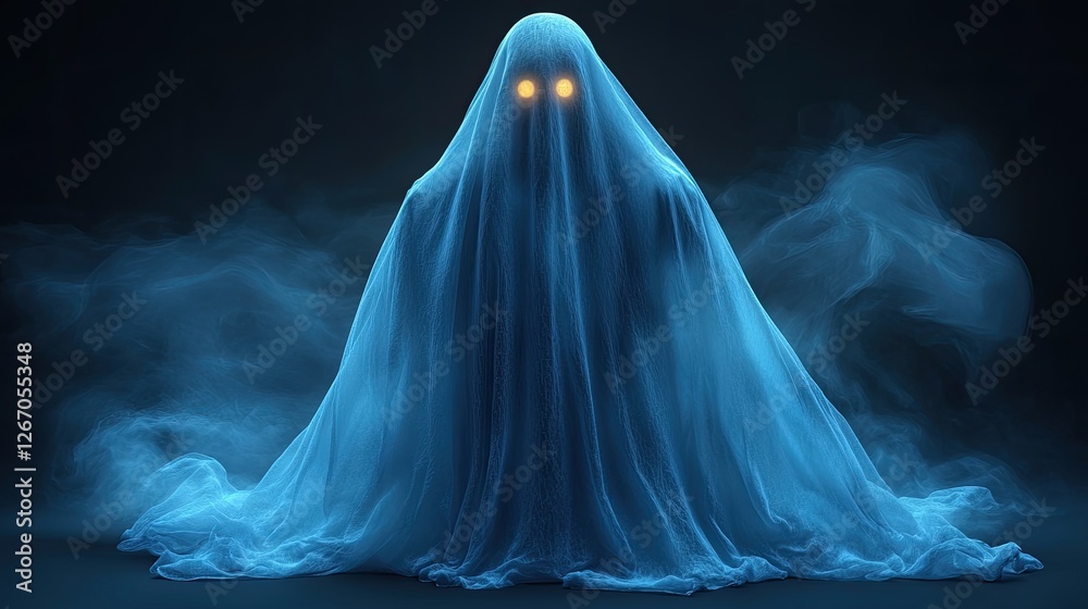 Ethereal ghost figure shrouded in blue mist with glowing eyes, creating a mystical atmosphere Ethereal ghost figure shrouded in blue mist with glowing eyes, creating a mystical atmosphere