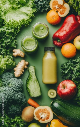 Green smoothie ingredients, bottles, flatlay, vibrant, healthy photo