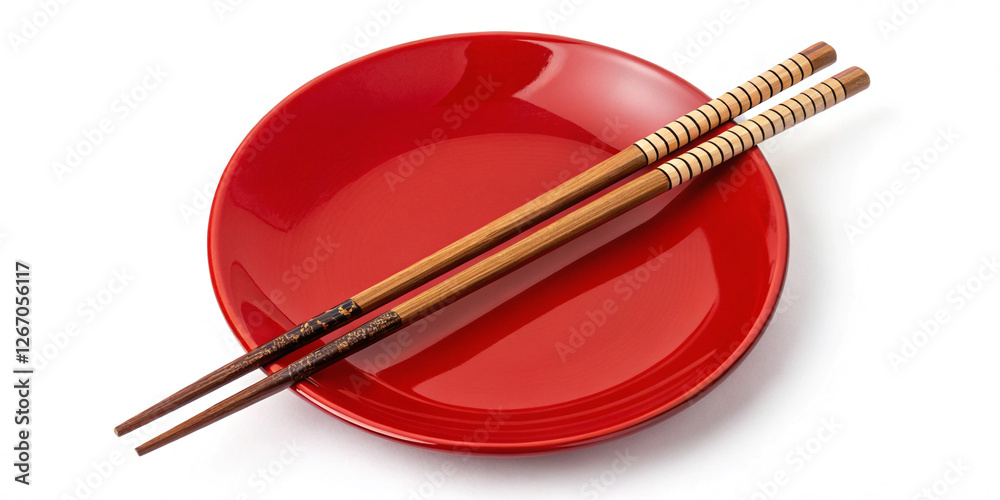 A Red Plate with Chinese Sticks Isolated on a White Background, Perfect for Asian Cuisine A Red Plate with Chinese Sticks Isolated on a White Background, Perfect for Asian Cuisine