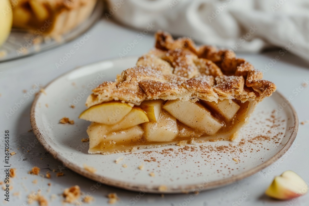 Classic apple pie slice on ceramic plate with warm lighting. AI generated Classic apple pie slice on ceramic plate with warm lighting. AI generated