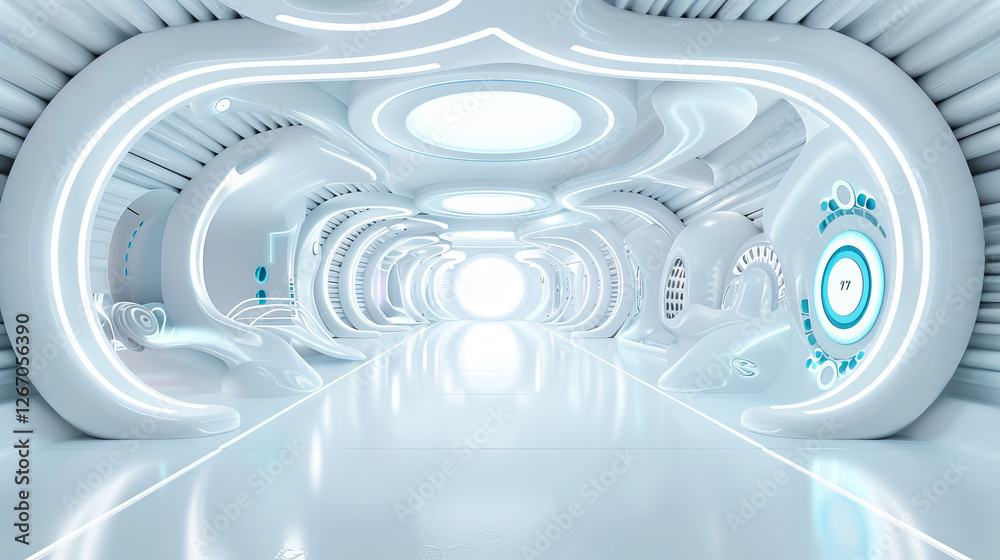 Obraz premium Futuristic White Corridor: A sleek, futuristic corridor with glowing white walls and a bright light at the end, creating a sense of mystery and technological advancement. The smooth.
