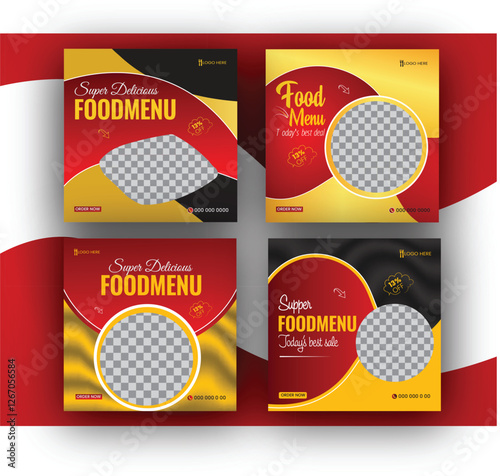Set of Editable square food banners. Instagram post template design. Suitable for Social Media Post Restaurant and culinary Promotion. Red and yellow background