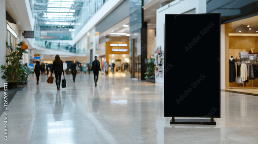 A towering black vertical billboard in a luxury shopping mall, its blank canvas reflecting the movement of fashion-forward shoppers in the background. A towering black vertical billboard in a luxury shopping mall, its blank canvas reflecting the movement of fashion-forward shoppers in the background.