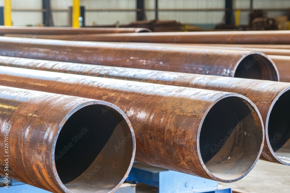 Rusty Pipes Stacked in Industrial Warehouse with Yellow Pillars and Metal Background Rusty Pipes Stacked in Industrial Warehouse with Yellow Pillars and Metal Background