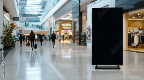 A towering black vertical billboard in a luxury shopping mall, its blank canvas reflecting the movement of fashion-forward shoppers in the background. photo