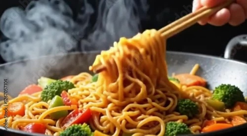 Action-packed Stir Fry Scene with Noodles and Vegetables Being Twisted with Chopsticks, Steam Rising from the Wok