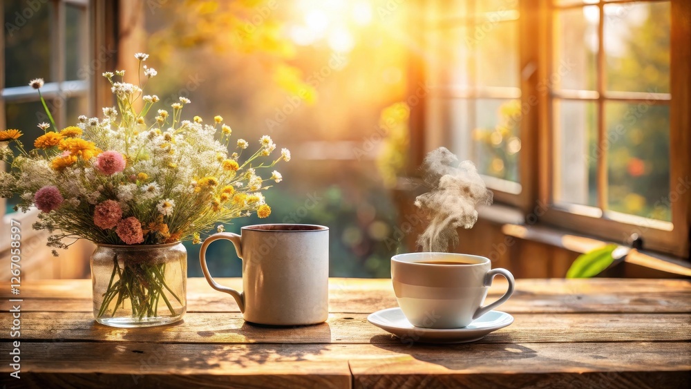 Warm morning sunlight streams through a window, illuminating a rustic wooden table where two mugs of hot beverage sit beside a vase of wildflowers. Warm morning sunlight streams through a window, illuminating a rustic wooden table where two mugs of hot beverage sit beside a vase of wildflowers.