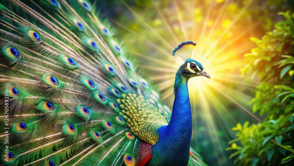 Obraz premium Majestic Peacock Displaying Vibrant Plumage in Sunlit Garden