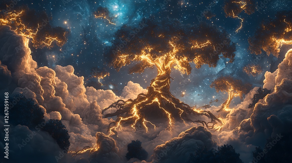 Obraz premium A tree with branches that are glowing in the sky