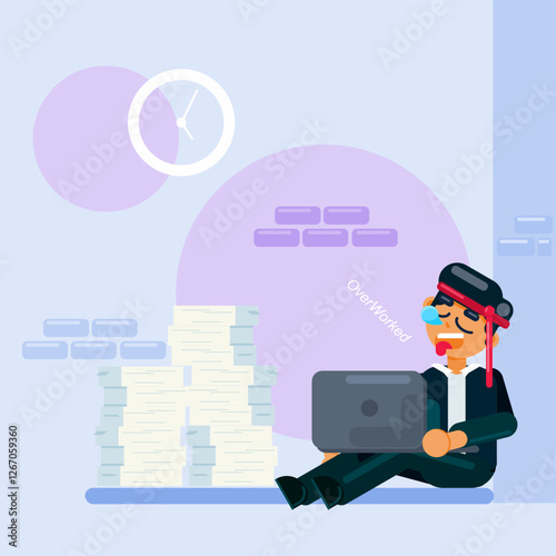 Overworked and Exhausted Businessman Flat Vector Illustration