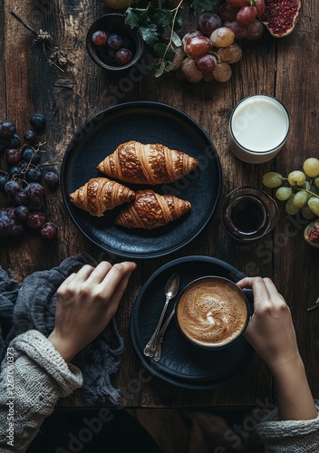 Rustic table, woman's hands, coffee, croissants, fruit, breakfast photo