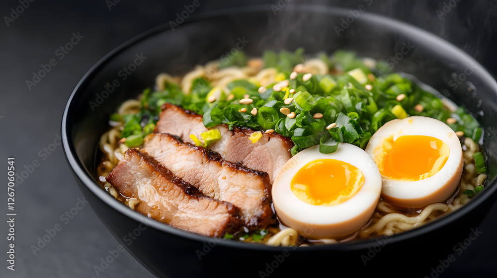Bowl of Shoyu Ramen with Pork Slices and Soft-Boiled Egg, Japanese Cuisine
Bowl of Shoyu Ramen with Pork Slices and Soft-Boiled Egg, Japanese Cuisine