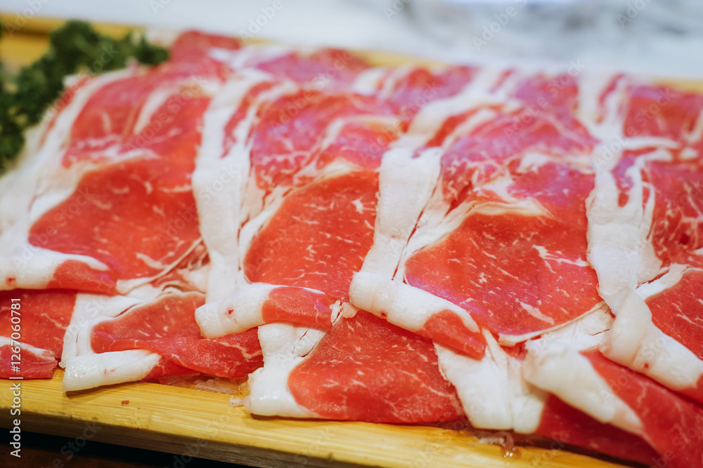 A closeup view of a tray of raw thinly sliced beef