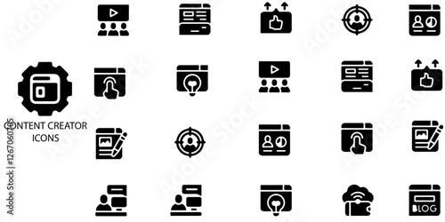 Content creator simple concept 20 icons set. Contains such video, creative, publication .Vector illustration.