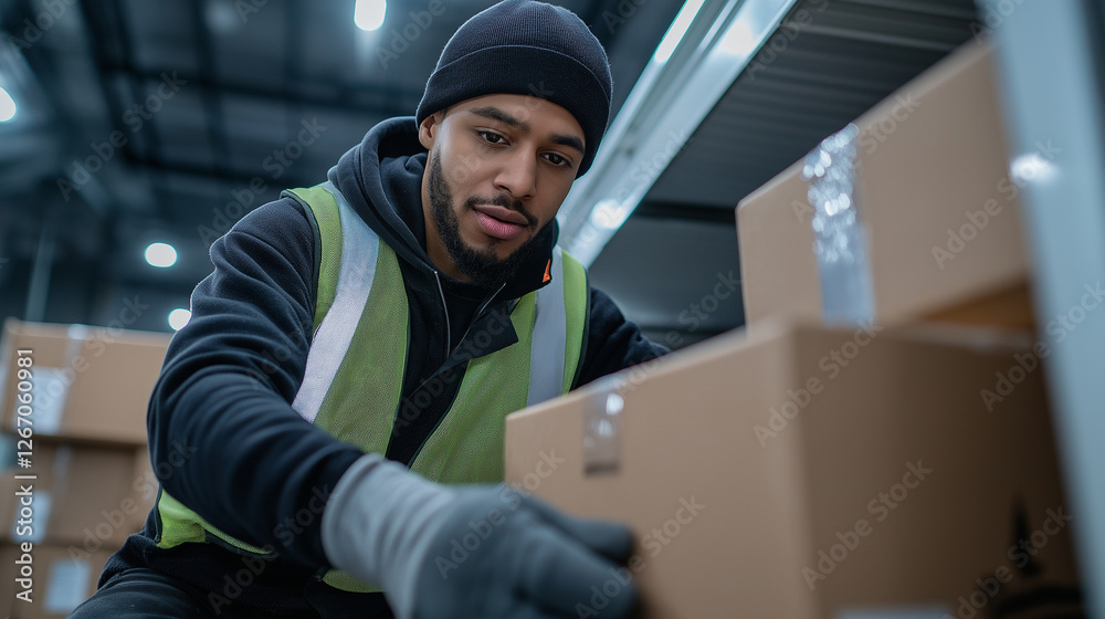 A close-up shot of a worker wearing a reflective vest and gloves, carefully placing boxes inside the open cargo area of a white truck. A close-up shot of a worker wearing a reflective vest and gloves, carefully placing boxes inside the open cargo area of a white truck.