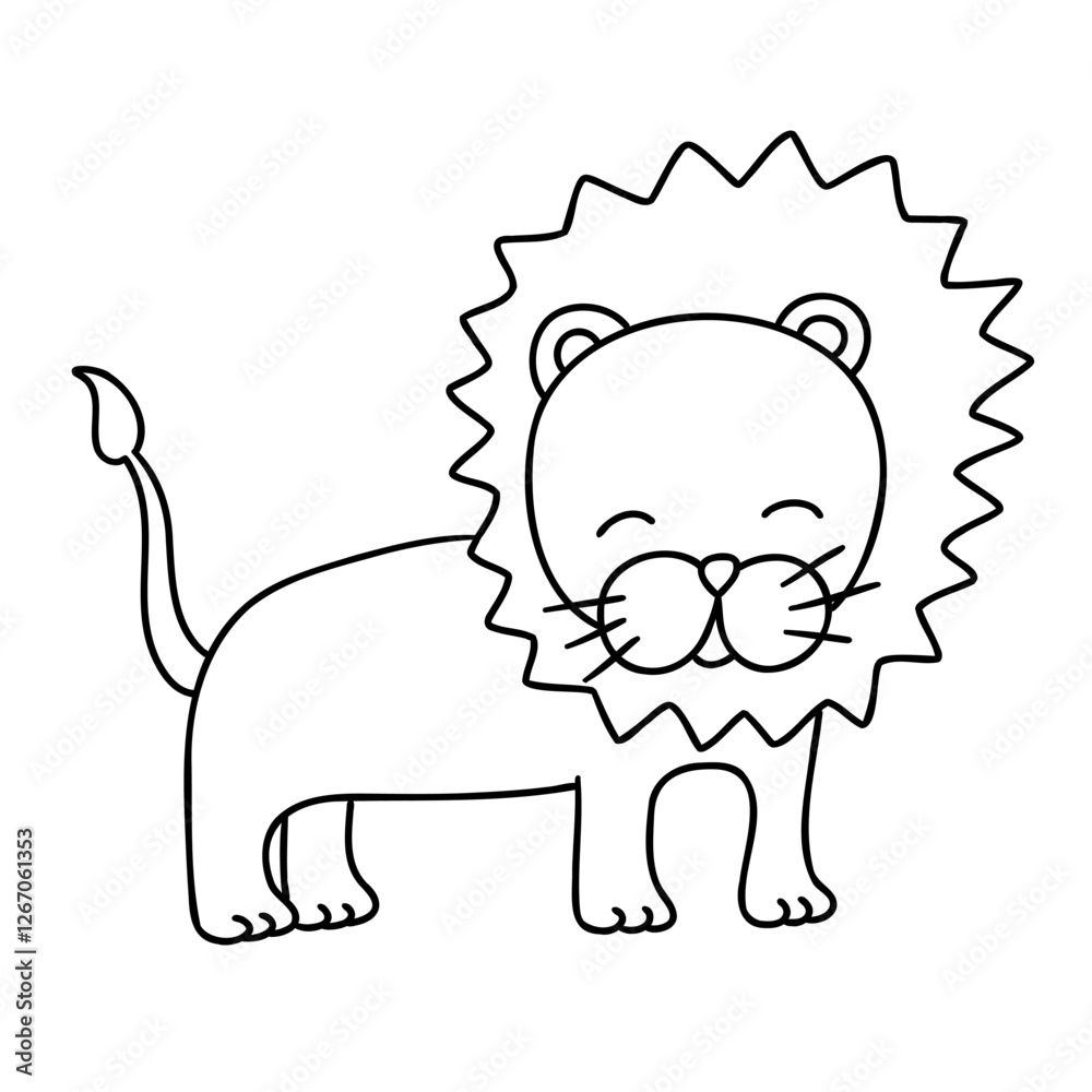 Fototapeta premium Cute smiling lion animal in cartoon doodle style. Vector illustration isolated on white background.