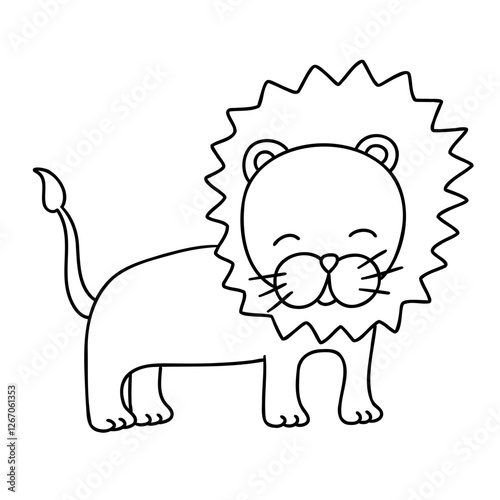 Cute smiling lion animal in cartoon doodle style. Vector illustration isolated on white background.