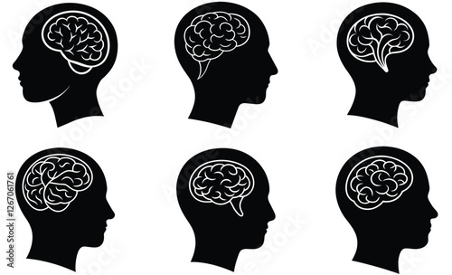 Set of black and withe Silhouettes of Heads with Brains