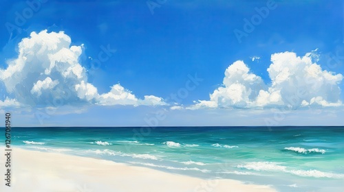 A calm, clear blue sky with a few white clouds above an expanse of turquoise ocean with a white sand beach.