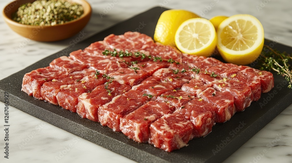 Freshly cut beef slices arranged neatly on a black stone plate, garnished with herbs and lemon, in a kitchen Freshly cut beef slices arranged neatly on a black stone plate, garnished with herbs and lemon, in a kitchen