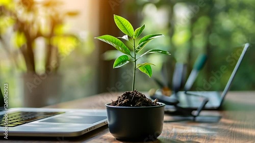 Green plant growing in pot on desk with laptop nearby